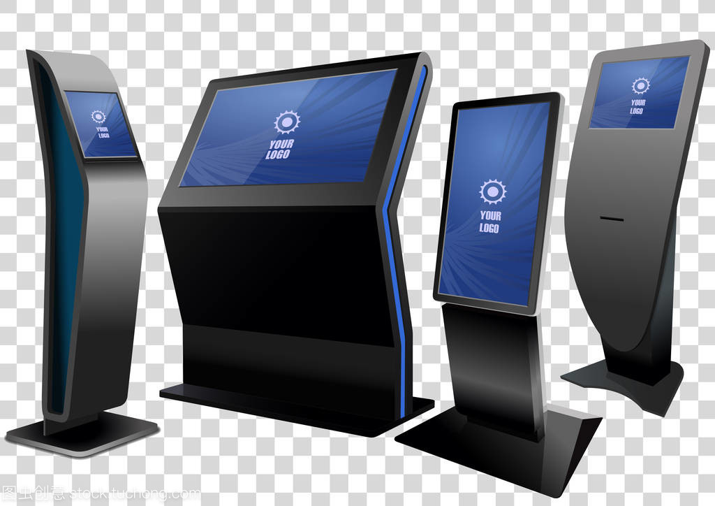 四宣傳互動信息亭, 廣告展示, 終端展臺, 觸摸屏顯示屏在透明背景下隔離。模擬模板